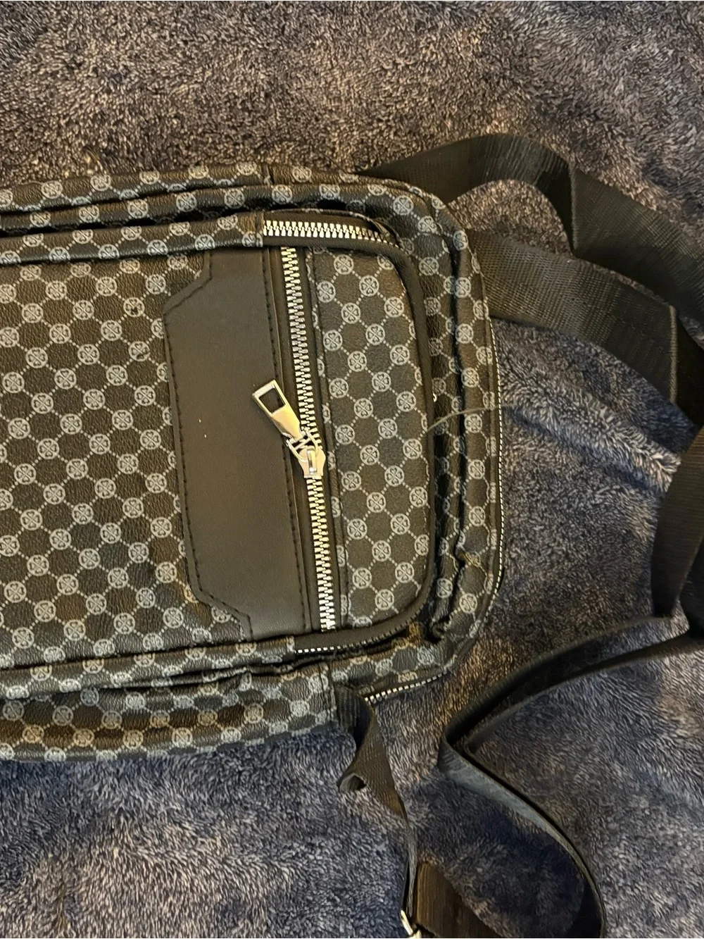 Men's Black Patterned Messenger Crossbody Bag with Front Zip Pocket